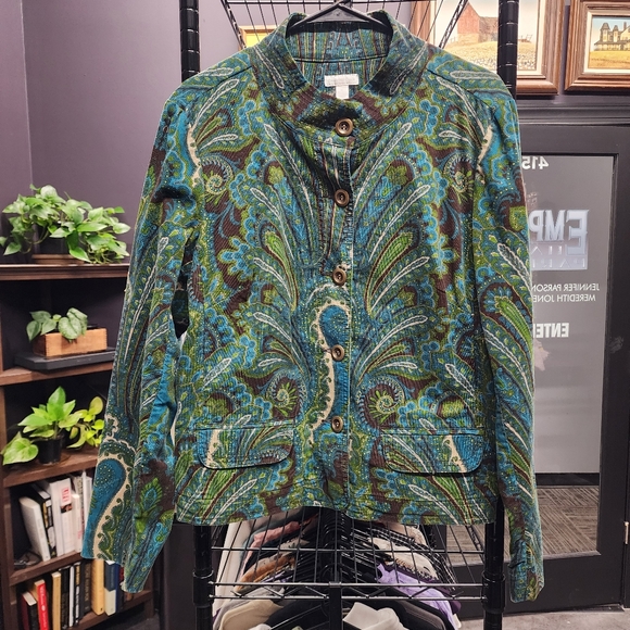 VINTAGE CHARTER CLUB Corduroy Peacock Print Paisley Green and Blue Jacket XL - Picture 1 of 5